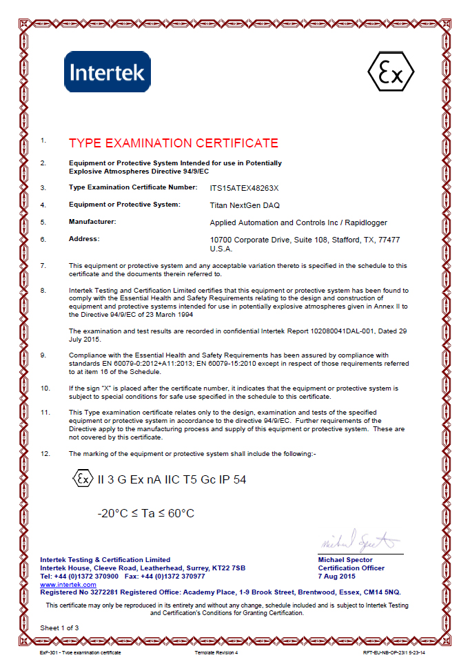 ATEX Certificate page 1 of 3