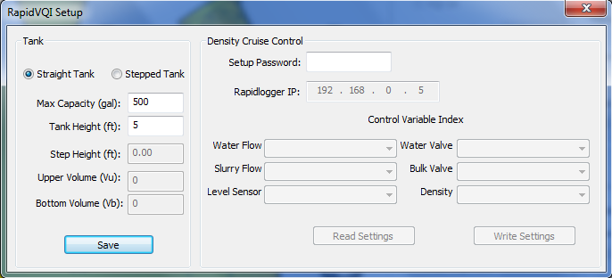 RapidVQI Setup screen with Straight Tank selected.  The Rapidlogger IP address is also entered here