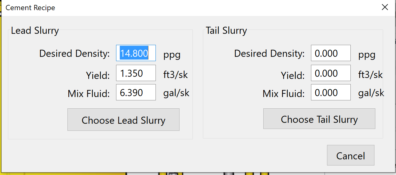 Cement Recipe screen with the lead slurry entered