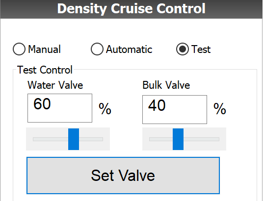 Test mode:  water valve 60 percent and bulk valve 40 percent entered, Set Valve sends them