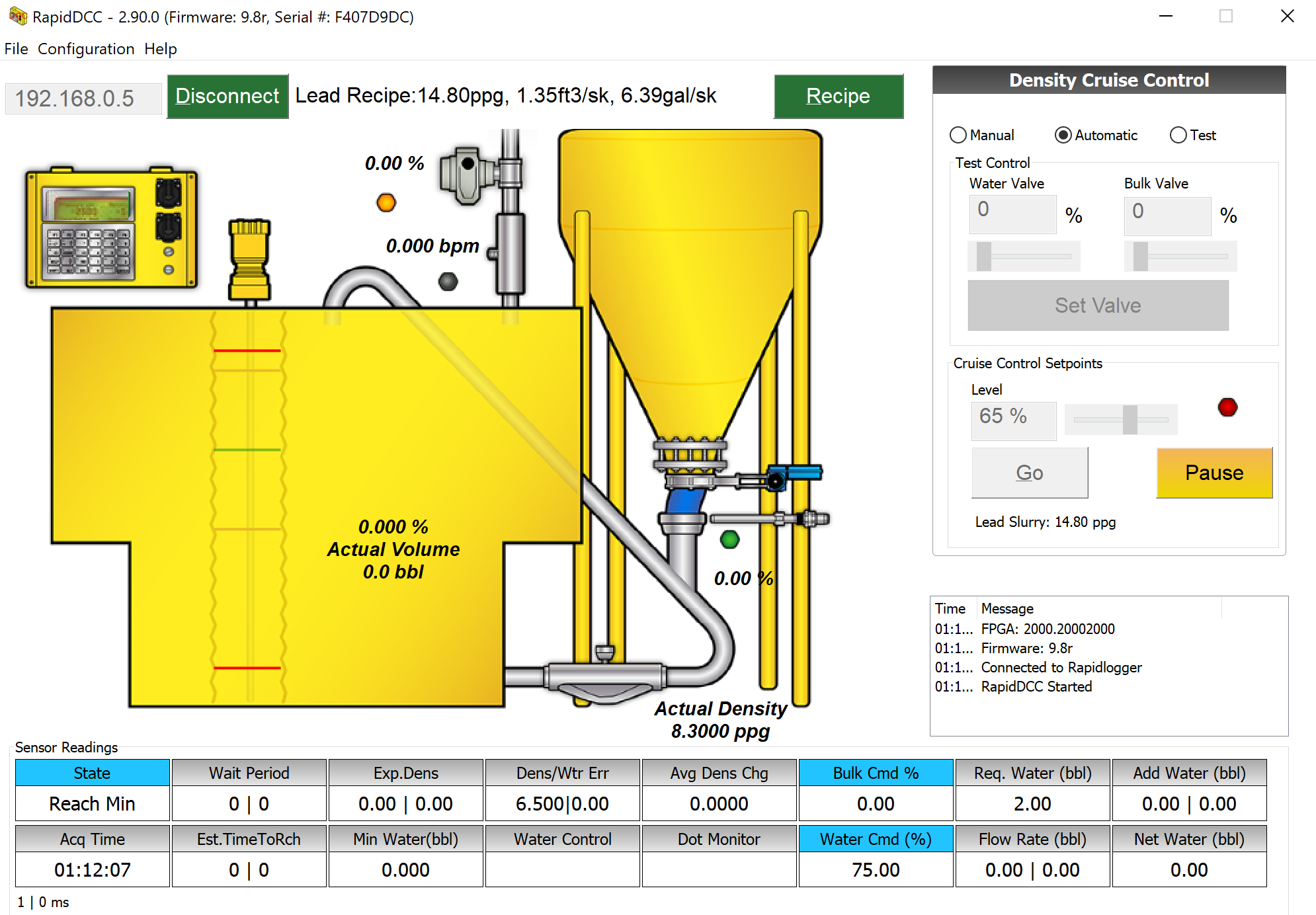 Reach Minimum Water stage:  State box reads Reach Min, knife gate closed, water going in