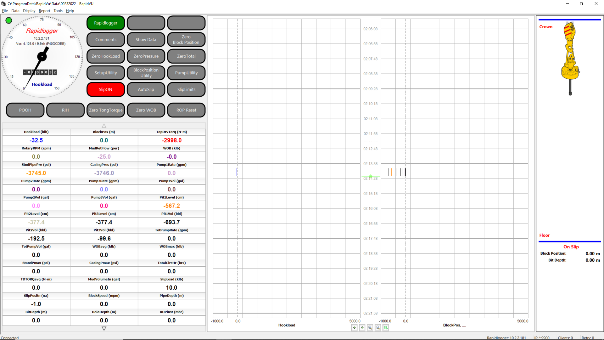 RapidVu in Driller Display mode:  touch buttons and digital table on the left, two chart tracks in the middle, block picture on the right