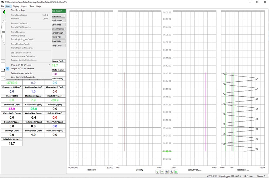RapidVu Data menu: Output WITS0 on Network