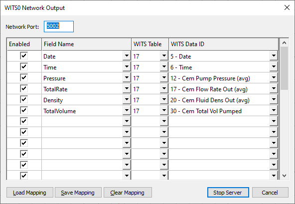 WITS0 Network Output dialog with the table 17 (cementing) mapping