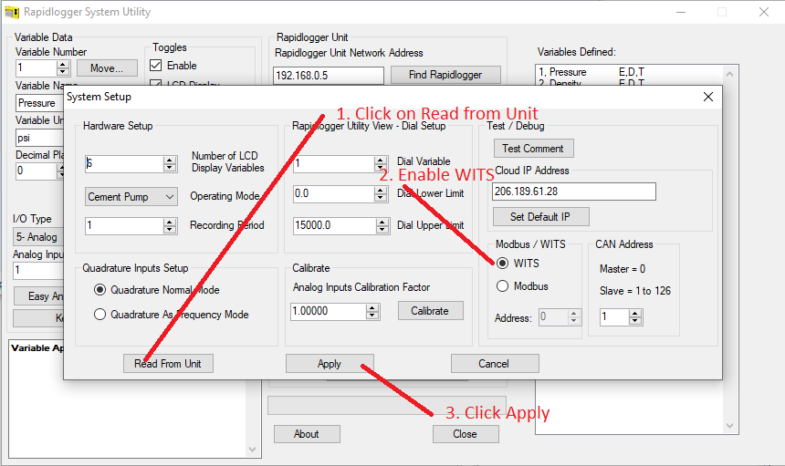 Enabling WITS output from the unit in the Rapidlogger Utility System Setup