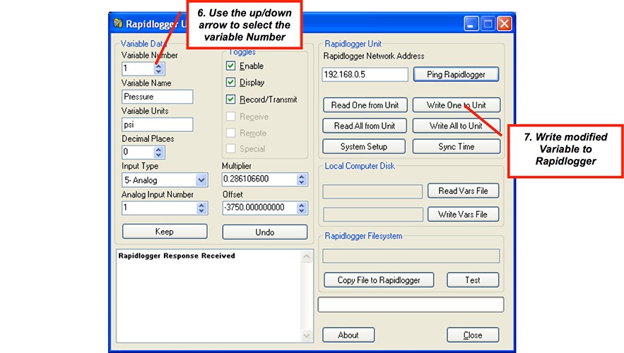 Rapidlogger Utility: the Multiplier field of the selected variable
