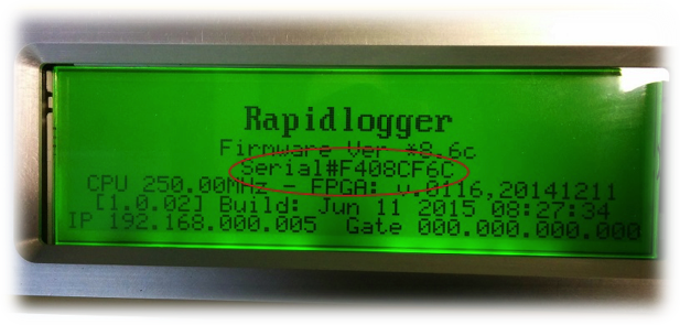 Rapidlogger unit showing LCD screen with serial number
