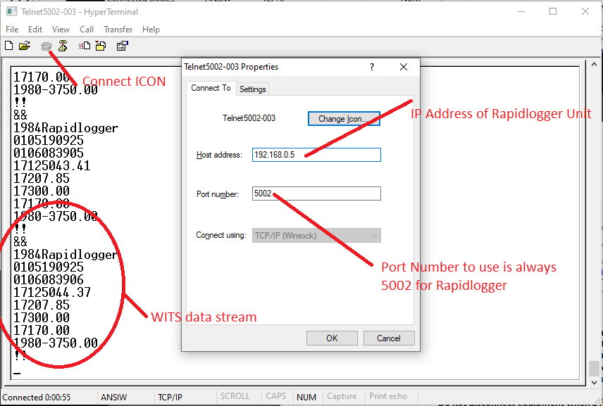 Use the dialog box to setup the IP address and Port number for hyperterminal.