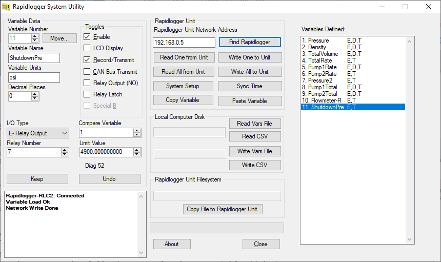 example shows Variable 11 being setup as Shutdown