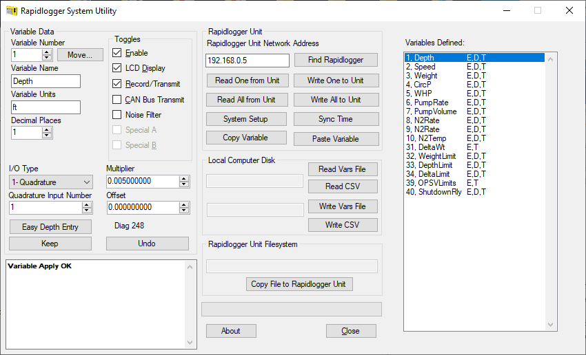 Rapidlogger System variables screen