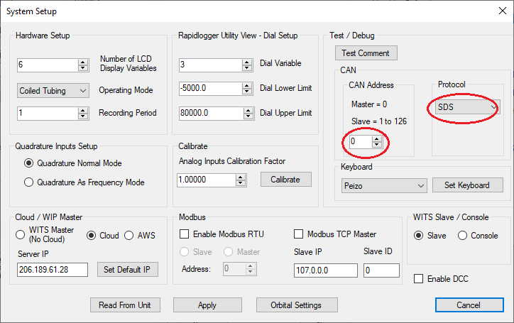 Rapidlogger CANbus system setup dialog