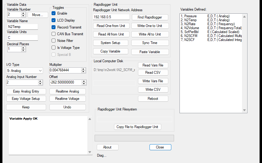 N2Temp variable for the Rapidlogger temperature transmitter on mA2